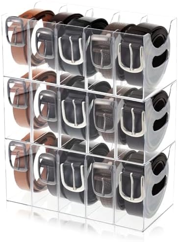 3 Pack Acrylic Belt Organizer Clear Stackable Belt Storage Holder Purse Organizer for Closet - 5 Compartments with Removable Dividers,Display Case Pantry Cabinet Organizers for Ties,Socks,Underwear by Hlimior