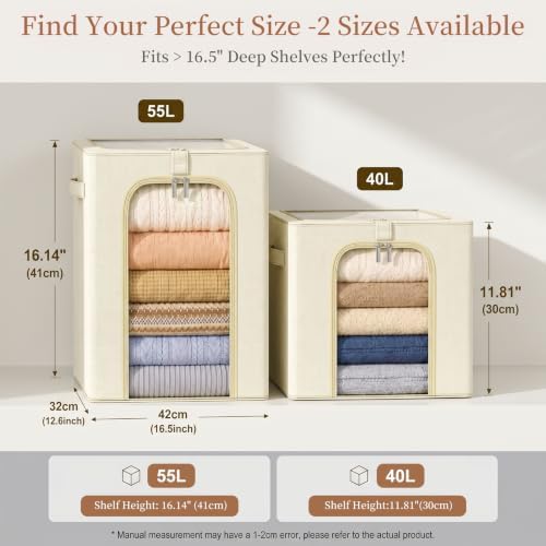 GoMaihe Blanket Storage Bins with Metal Frame for Closet, 55L 4-Pack Beige - Image 2