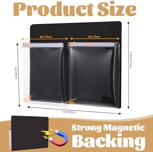 8 Pack Magnetic File Holder Fridge Organizer Black with 2 Pockets - Image 2