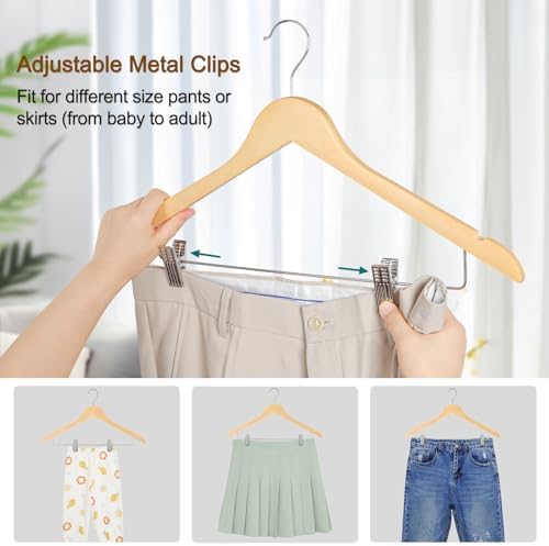 TOPIA HANGER Wooden Suit Hangers with Adjustable Metal Clips (20 Pack), Solid Smooth Wood Clothes Hangers, 360° Swivel Hook, Premium Pants Hangers for Clothes Coat, Jeans, Blouse-Natural, CT28N20 - Image 5