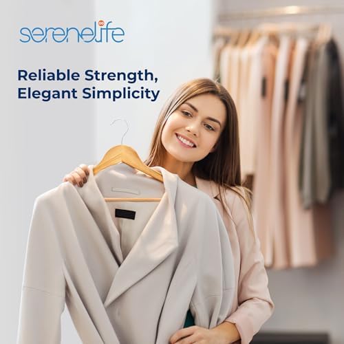 SereneLife Solid Wooden Hangers, Mega Pack, 60 Pieces Hangers for Clothes, Heavy Duty Suit Hanger Set with Chrome 360 Degree Swivel Hook, Notched Design, Natural Wood Color - Image 7