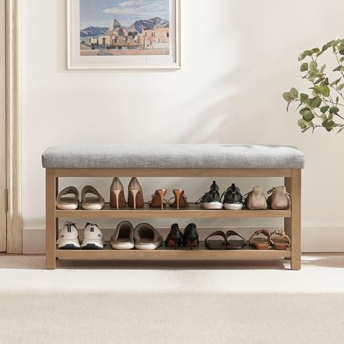 Zihanhome Shoe Rack Bench with Cushion, 2 Tier Solid Wood Storage Bench, Mid-Century Modern Shoe Bench for Entryway, Hallway, Closet, Front Door Entrance, Foyer (Grey, 46.5") by Zihanhome