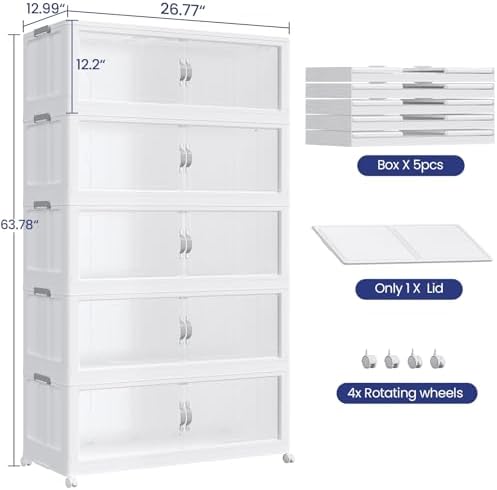 150GAL (600QT) Collapsible Plastic Storage Bins with Lid & Wheels, Extra Large Stackable Closet Organizers Storage Boxes, Folding Cabinet for Home Kitchen Office, 5Pack White - Image 2