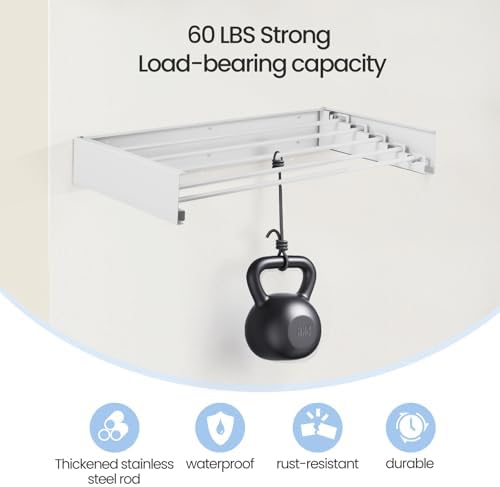 Wall Mounted Laundry Drying Rack, Carbon Steel Foldable & Retractable Clothes Drying Rack, Space Saving Adjustable Towel Holder for Bathroom, Laundry, Small Spaces (1, White, 31.5") - Image 3