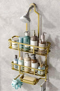 Shower Caddy Hanging, Never Rust Aluminum Shower Organizer, Over Showerhead No Drilling Shower Racks, with Soap Holder Multi Hooks Bathroom Storage for Shampoo Sponge (Gold) by BXINREDA