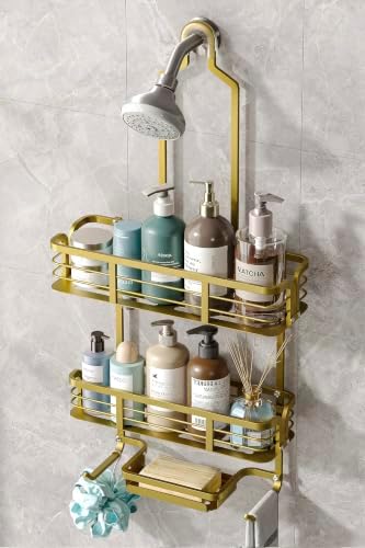 Shower Caddy Hanging, Never Rust Aluminum Shower Organizer, Over Showerhead No Drilling Shower Racks, with Soap Holder Multi Hooks Bathroom Storage for Shampoo Sponge (Gold) by BXINREDA