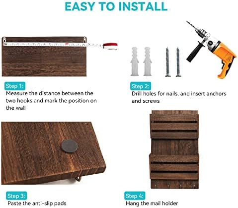 Mail Organizer Wall Mount with 4 Key Hooks, Rustic Wooden Hanging Mail Sorter Farmhouse Key Holder for Wall Decoration, 2-Slot Wall File and Magazines Bill Letter Holder (Brown) - Image 2
