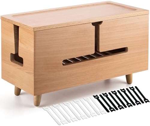 Natural Beechwood Large Cable Management Box for Power Strip & Cord Hider by Rhyzoray