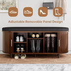 DHH 2-Tier Storage Bench,Wide Shoe Bench with Thickened Padded Seat Cushion, Mid Century Modern Fluted Sliding Door and Adjustable Shelf, for Entryway, Living Room, Bedroom (Walnut, 43.3“) - Image 6