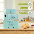 Kitchen Vegetable Storage Set of 3, Metal Onion Garlic Potato Storage Set, Kitchen Canisters Vegetable Keeper Containers with Aerating Holes and Bamboo Lid，Blue - Image 5