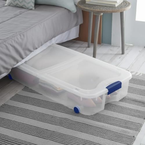 2 Pack 66 Quart Wheeled Underbed Storage Bins Clear Plastic Latching Lid Blue Rolling Organizer Containers - Image 3