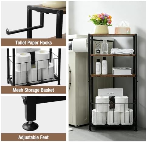 Freestanding Toilet Paper Holder with Storage Wood Shelf Adjustable Feet - Image 5