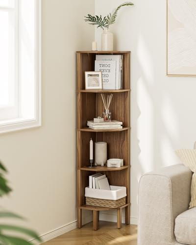 Corner Shelf, 5 Tier Corner Bookshelf, Display Corner Shelf Stand with Storage Rack, Wall Corner Bookshelf for Living Room, Bedroom, Office, Walnut by Apetaccat