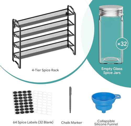 Simple Trending 4-Tier Spice Rack Organizer, Spice Rack with 32 Empty Spice Jars, 64 Spice Labels, Chalk Marker and Funnel Set for Cabinet, Wall Mount, Countertop, Kitchen, Pantry, Black - Image 5
