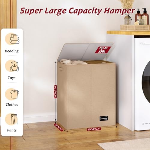 150L Laundry Hamper 2 Section, Large Laundry Hamper with Lid, Dirty Clothes Hamper with 2 Removable Inner Bags, Collapsible Laundry Basket Organizer for for Clothes Toys Towels, Hamper 2 Compartment - Image 3