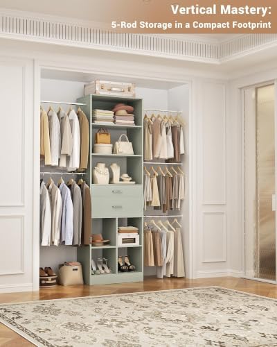 Small Closet System, 3.2-6.8FT Small Closet Organizer with 2 Wooden Drawers & 5 Hanging Rods, Can Fit 37.5 to 81.9 inch Walk-in Closet System, Built-in, Crab Green, Enclosed Storage Volume 2.32 ft³ - Image 2