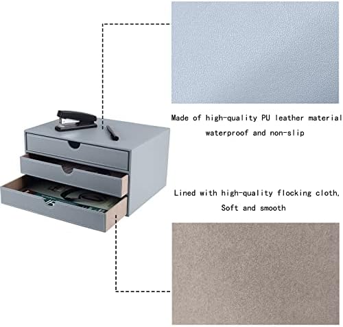 Leather Desk Organizer with 3 Drawers/Tray, Executive Office Supplies Desktop Filing A4 File Cabinet/Holder, Stackable Storage Box Grey (Gray) - Image 5