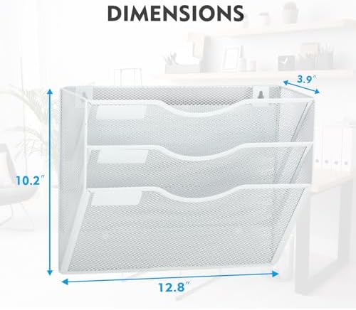 EASEPRES Magnetic 3 Pocket Mesh Hanging Wall File Organizer, Wall Mounted Mail Paper Document Folder Holder, Clipboard Storage Magazine Rack with Nametag Label for Office Home School, White - Image 3