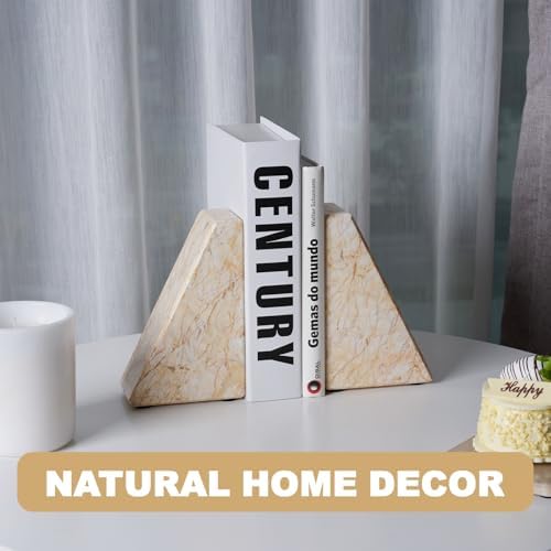 Marble Bookends，Natural Decorative Bookend for Shelves, Non-Skid Book End for Heavy Books, Idea Book Stoppers & Holder for Desk Bookshelf Decor, Modern Home Decor Cream Color Book Ends, Set of 2 - Image 2