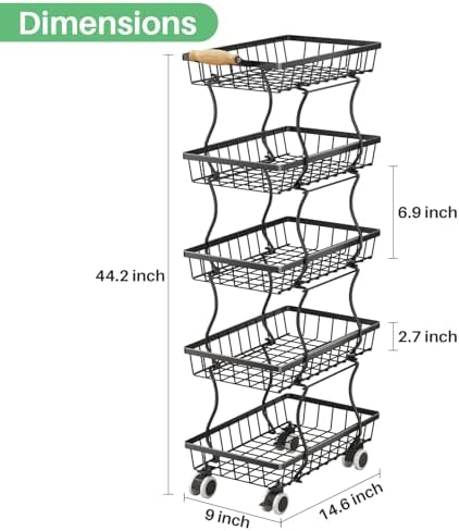 SAYZH 5-Tier Fruit Basket Stand with Vegetable Baskets for Kitchen, Black - Image 3