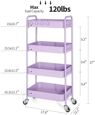 TOOLF 4 Tier Metal Rolling Cart, Utility Storage Cart with Wheels, Purple - Image 2