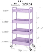 TOOLF 4 Tier Metal Rolling Cart, Utility Storage Cart with Wheels, Purple - Image 2