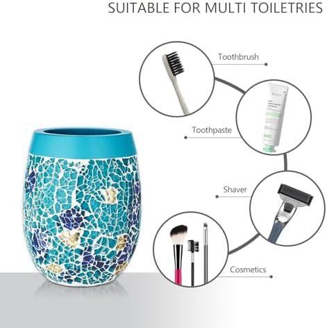 Handmade Blue Mosaic Glass Bathroom Accessory Sets 4PCS Bathroom Accessories Set Complete Includes Lotion Dispenser Toothbrush Holder Tumbler Cup & Vanity Tray - Image 6