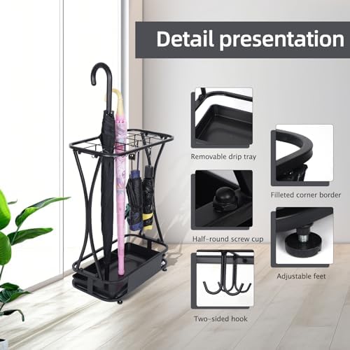 15 Slot Umbrella Stand with 8 Hooks – Heavy Duty Metal Indoor Umbrella Rack Holder with Removable Drip Tray – Large Commercial Entryway Organizer for Office, Lobby or Home - Image 2