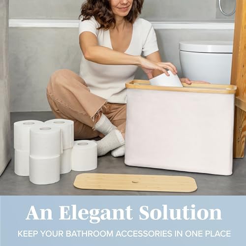 LONBET Toilet Paper Storage for 12 Rolls, Stackable & Foldable - The Ultimate Bathroom Organizer - Waterproof Basket with Bamboo Lid - Elegant Toilet Paper Storage Holder, Beige (Pack of 2) - Image 4