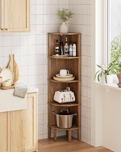 Corner Shelf, 5 Tier Corner Bookshelf, Display Corner Shelf Stand with Storage Rack, Wall Corner Bookshelf for Living Room, Bedroom, Office, Walnut - Image 6