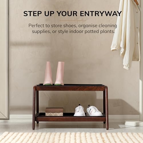 Anji Mountain Heavy Duty Waterproof Wooden Shoe Storage Mat Organizer/Boot Storage Tray Multi Use for Entryway with Coir, Tan and Black Tribal Insert, 2 Tier, Fits 4 Pair (26.5" Wide) - Image 2