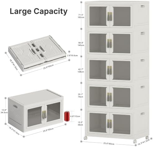 UAMFURI Stackable Storage Bins with Lids, Clear Doors, Large Storage Cabinet Foldable Collapsible Closet Organizers for Bedroom Dorm Office (5, White, 120, Quarts) - Image 2