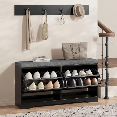 Halitaa Entryway Bench with Shoe Storage and Coat Rack, Fluted Storage Bench with Cushioned Seat and 2-Tier Flip-Drawer Shoe Cabinet, Shoe Bench for Hallway Mudroom Bedroom,Black - Image 7