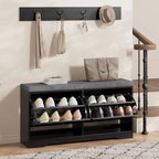 Halitaa Entryway Bench with Shoe Storage and Coat Rack, Fluted Storage Bench with Cushioned Seat and 2-Tier Flip-Drawer Shoe Cabinet, Shoe Bench for Hallway Mudroom Bedroom,Black - Image 7
