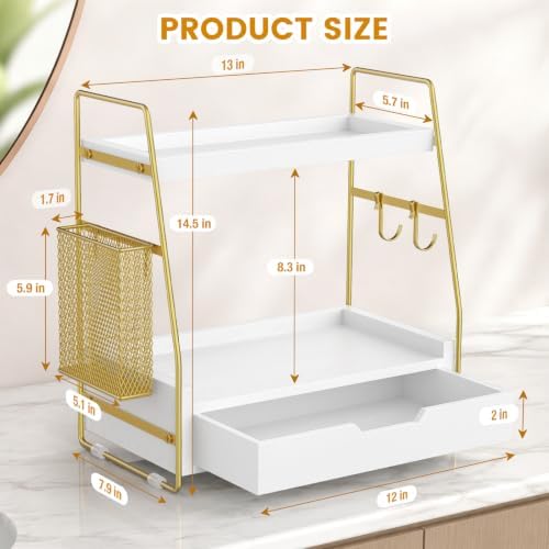 2-Tier Bathroom Counter Organizer with Drawer, Wood Counter Storage Shelf - Image 2