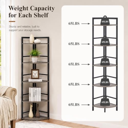BON AUGURE Industrial Corner Shelf Stand, Tall Corner Bookshelf, Wood Metal 5 Tier Bookcase Shelves, Display Shelving Unit for Kitchen, Living Room (Dark Grey Oak) - Image 5