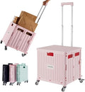 MACOPRO Folding Utility Cart Portable Rolling Crate Handcart Shopping Trolley Collapsible Tool Box, with Lid, Basket on 4 Rotate Wheels, for Grocery, Shopping, Office, Teacher (Pink) by MACOPRO