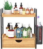 LEMIKKLE Bathroom Counter Organizer with Drawer and Basket,Wood Countertop Organizer for Bathroom Decor Makeup Tray for Perfume Skincare Bedroom Kitchen Corner by LemikkleDirect