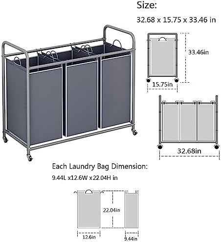 LINZINAR 3 Section Laundry Hamper, Grey Laundry Basket, 135L Laundry Sorter - Image 5
