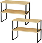 OGEMXU Cabinet Shelf Organizers, 15.7 inches Large Kitchen Counter Shelf, Set of 4 Wood Kitchen Pantry Organizer, Storage Shelves for Countertop, Spice Rack, Stackable, Expandable, Metal Black, Nature by OGEMXU