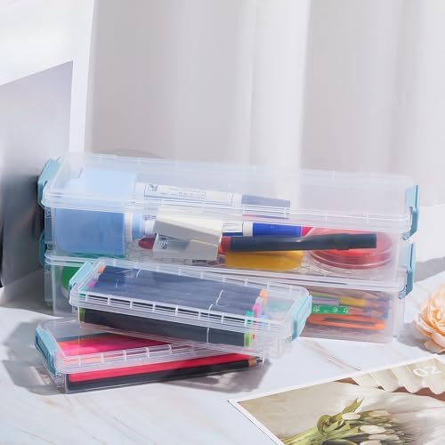 Gueevin 8 Pcs Plastic Pencil Case Stackable Clear Pencil Box with Latching Lid Long Plastic Stationery Pen Case Bulk for Crayon Marker Drill Bits School Office Supplies, 2 Sizes - Image 4