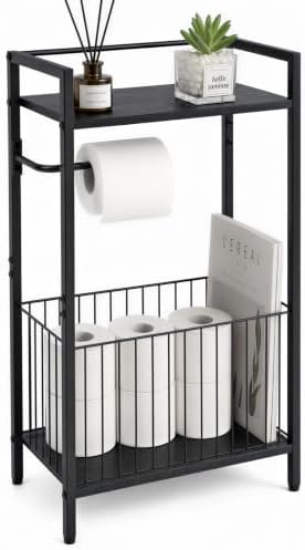Black Freestanding Toilet Paper Holder Stand with Shelf and Storage, All-in-One Bathroom Tissue Roll Dispenser with Extra Space for Toilet Rolls, Wet Wipes, Phones, Tablets and Magazines by Unknown