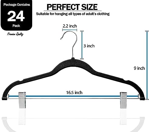 GVTECH Velvet Hangers with Clips, [24 Pack] Metal Clip Hangers for Pants - Notched Velvet Skirt Hangers for Pants, Skirts, Suit, Dresses & Shirts 360° Swivel Hook - Non Slip Felt Hangers (Black) - Image 2