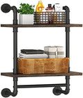 Helsin 2 Tier Industrial Pipe Floating Bathroom Shelves Wall Mounted with Towel Bar, Rustic Wood Wall Shelf, 16 Inch Metal Towel Rack Storage Bookshelf for Bathroom, Kitchen, Farmhouse, Living Room by Helsin