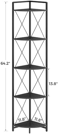 5 Tier Corner Shelf Stand, 64" H Tall Corner Bookshelf, Black - Image 2
