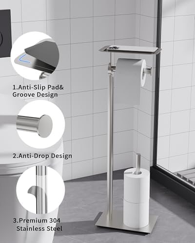 Toilet Paper Holder Stand, Free Standing Toilet Paper Holder with Shelf for Bathroom, Stainless Steel Brushed Nickel Toilet Paper Roll Holder with Storage, Reserve for 3 Rolls, Weighted Base - Image 3