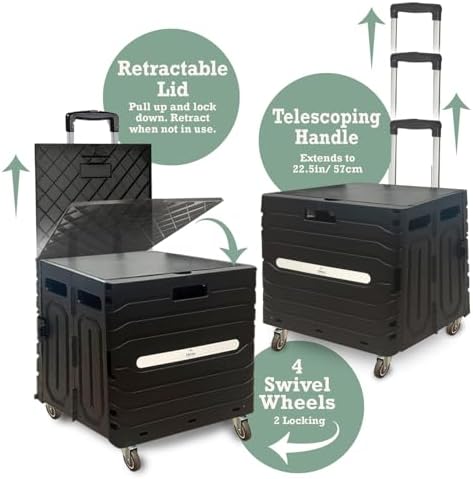Inspired Living Collapsible Folding Utility Cart, Heavy-Duty Rolling Crate with 360° Wheels, Telescoping Handle, Hidden Lid, Holds 200 Lbs, Black - Image 3