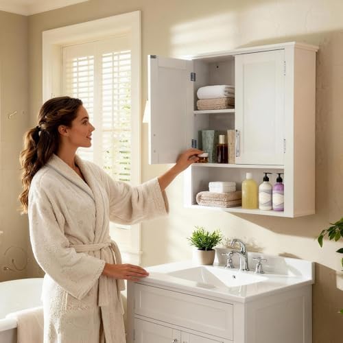 SUPER DEAL Bathroom Wall Cabinet Over The Toilet, Wall Mount Storage Medicine Laundry Cabinet with Two Doors and Three Adjustable Shelves, White - Image 6