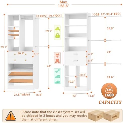 Besiost Closet System, Up to 128.6"/10.7 FT Closet Organizer with 4 Wooden Drawers and Shelves, Walk-in Closet System with 6 Hanging Rods, Built-in Closet Can Fit 96"/8FT, 120"/10FT, White Set 2 - Image 3