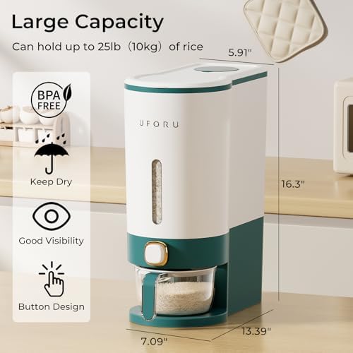 UFORU Rice Dispenser 23-25 LB,Airtight Storage Container,Measuring Cup - Image 2